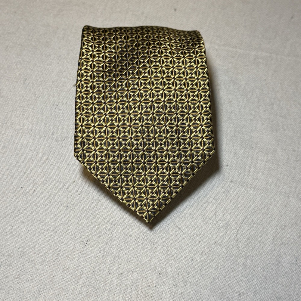 Lands' End Silk Tie Mens OS Gold Black Geometric Lattice Formal Business Preppy